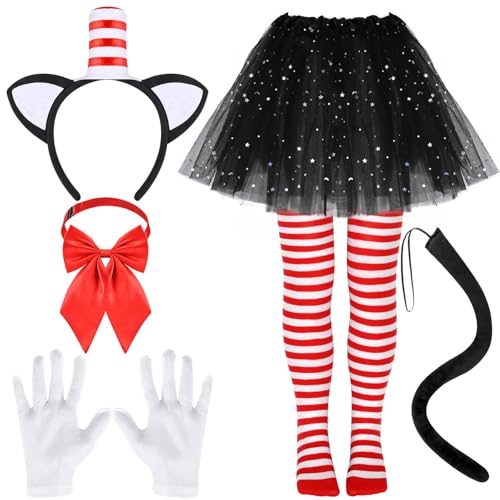 6Pcs Cat Hat Costume Set with Cat Ear Headband Bowtie Tail Gloves Tutu Skirt Striped Socks for Book Day of School Dress up (Style1)