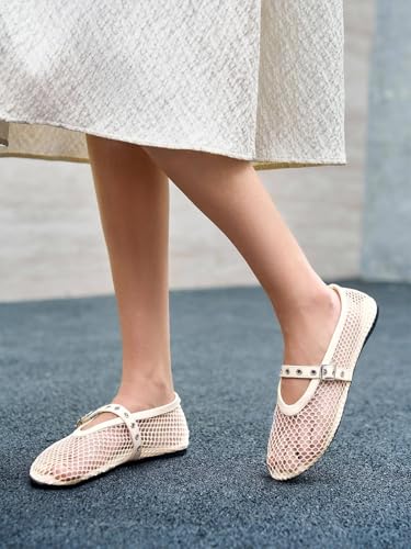 Image of Coutgo Womens Mesh Ballet Flats Mary Jane Fishnet Ballerina Buckle Strap Comfortable Causal Dress Shoes