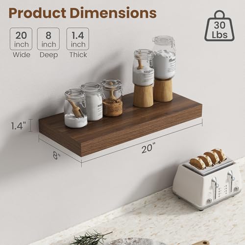 Image of 20 Inch Floating Shelves for Wall, 8 Inch Deep Floating Shelf for Storage & Display, Rustic Wall Mounted Shelf with Invisible Brackets for Living Room, Kitchen, Bathroom, Home Decor, Set of 2, Walnut