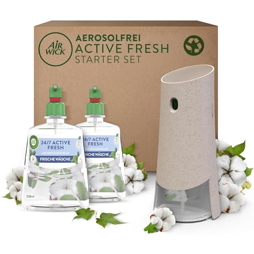 Air Wick Active Fresh – Starter Set – Aeorosolfreier, automatischer Lufterfrischer – Raumduft Frische Wäsche – 2 x 228 ml Nachfüller + Gerät