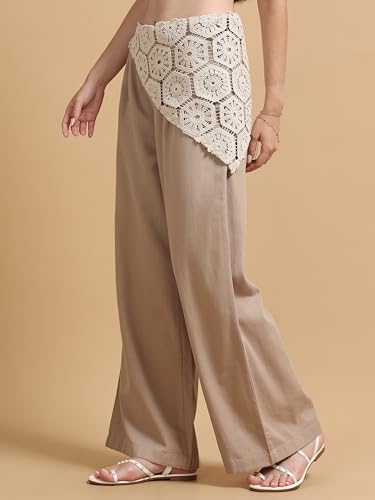 Image of Glam & Chique Women's 100% Cotton Wide Leg Trouser with Crochet Lace Waist & Drawstring-XS-2XL