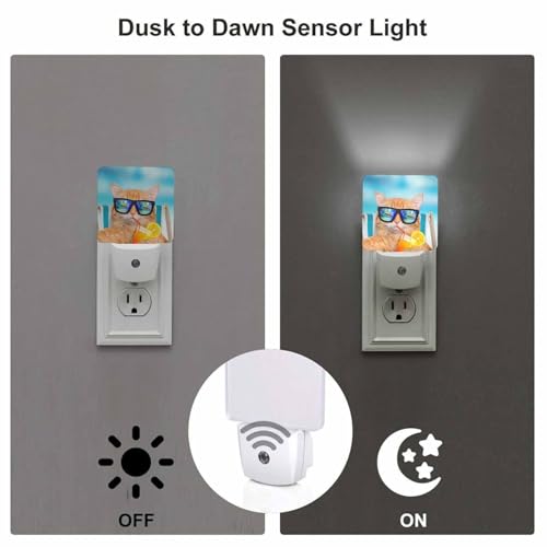 Image of LED Night Light,Funny Cat Sunglasses Relaxing Vacation On Blue Sea LED Night Light Plug into Wall with Dusk to Dawn Light Sensor White Energy Efficient Nightlight for Bedroom Living Room Kitchen