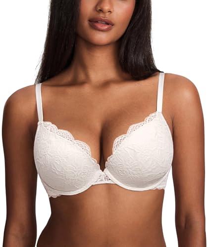 DOBREVA Femme Soutien Gorge Push up Dentelle avec Armatures Plongeant Rembourré Moulé Blanc de Coco 85A