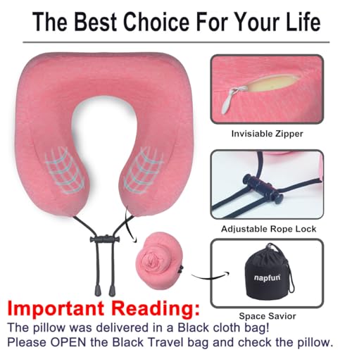 napfun Neck Pillow for Traveling, Upgraded Travel Neck Pillow for Airplane 100% Pure Memory Foam Travel Pillow for Flight Headrest Sleep, Portable Plane Accessories, Rose