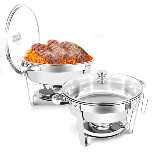Dervipas 2024 5QT Chafing Dish Buffet Set, Stainless Steel Round Chafers for Catering with Glass Viewing Lid & Lid Holder, Buffet Servers and Warmers Set for Parties Catering and Dinners (5QT 2PACK)