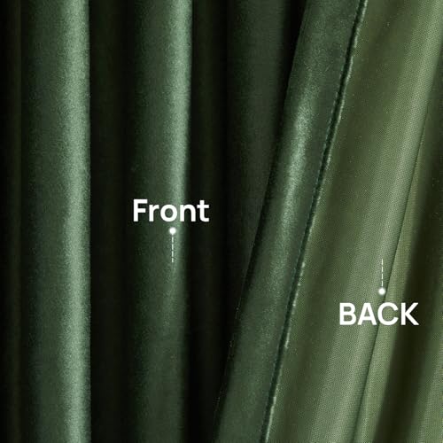 Image of PRIMROSE Emerald Olive Green Velvet Curtains 63 inch Long for Living Room,Set of 2 Panels Blackout Rod Pocket Back Tab Window Treatment Room Darkening Heavy Decorative Curtains Drapes for Bedroom