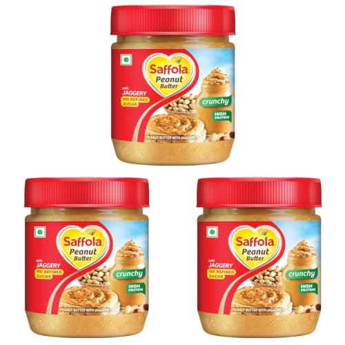 Image of Saffola Peanut Butter with Jaggery, Crunchy 350 gm | High Protein Peanut Butter | No Refined Sugar (Pack of 3)