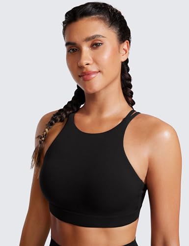 CRZ YOGA Womens Butterluxe High Neck Longline Sports Bras - Criss Cross Halter Wireless Padded Gym Workout Crop Top3