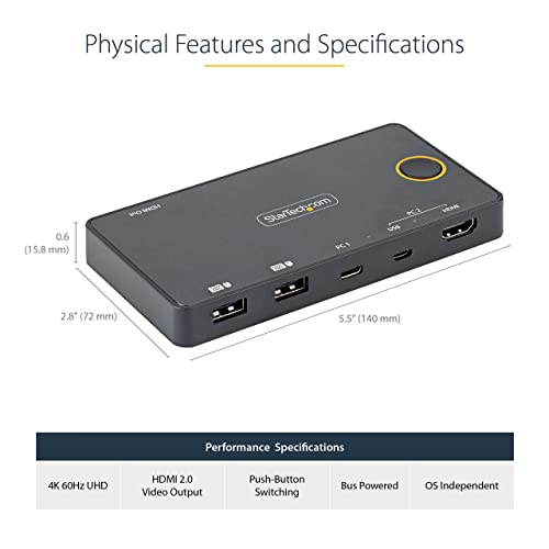 Image of StarTech.com 2 Port Hybrid USB-A + HDMI & USB-C KVM Switch - Single 4K 60Hz HDMI 2.0 Monitor - Compact Desktop and /or Laptop HDMI KVM Switch - USB Bus Powered - Thunderbolt 3 Compatible, TAA
