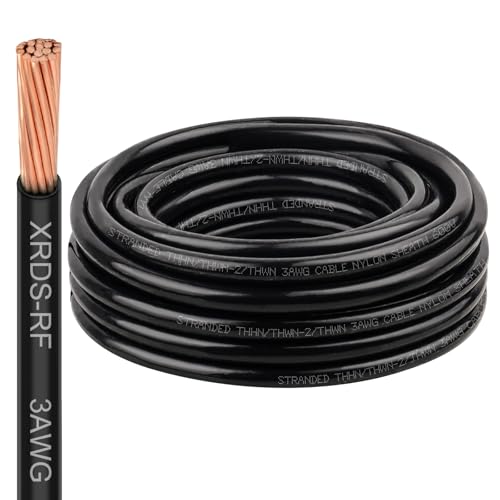 Image of XRDS -RF THHN Wire 25FT, 3AWG Stranded Copper THHN Electrical Wire, Black Nylon-Coated Thermoplastic Insulated Cable for Indoor Conduit Wiring, 600V Rated