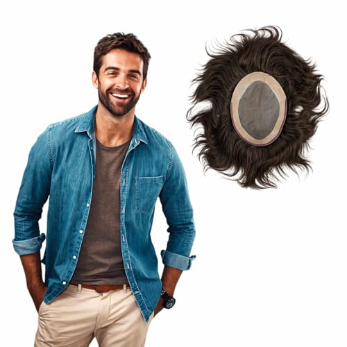 Image of 11x9 Fine R Mono Premium Men's Hair Patch | 100% Natural Human Hair Toupee with Durable Monofilament Base | Breathable Real Look Hair System | Undetectable Hairline | Securely Attach with Clips, Tape or Glue | Brown Hair |