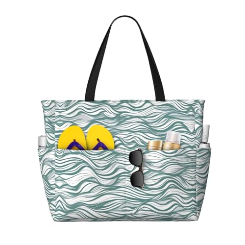 Large Capacity Beach Bag - print Waterproof Travel Bag Green wavy stripe Multi-Pocket Tote for Vacation Gym Women