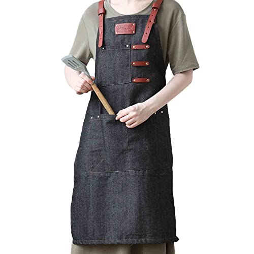 Delantales de Trabajo para Hombres con Bolsillos Delantal de Mezclilla para Mujeres Espalda Cruzada Ajustable con Bolsillos para cocinar Camareros
