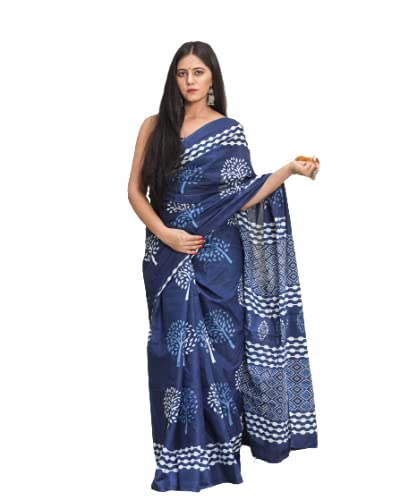 KiaaronHandicrafts Women's Ikat Hand Block Print Jaipuri Cotton Mulmul Saree with Blouse Piece