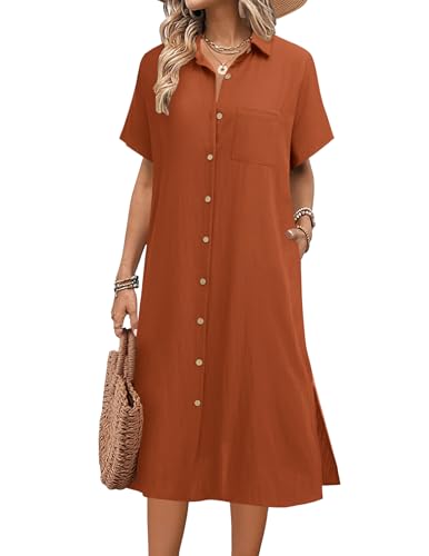 Image of HOTOUCH Womens Dress Summer Casual Midi Short Sleeve Button Down Shirt Dresses Loose Beach Cover Up with Pockets