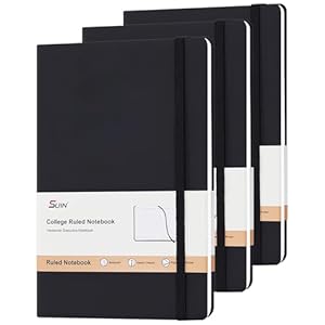 A5 Notebook Hardback, 200 Pages Lined Paper, Faux Leather Journal for Men & Women, Black Notebook with Elastic Strap, Ribbon Marker & Inner Pocket, Ideal for Work, Study & Journaling (Black - 3 Pack)