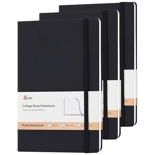 SUIN Lot de 3 carnets de notes A5 à couverture rigide avec 200 pages, couverture en similicuir doux au toucher avec fermeture élastique, ruban et poche, pour...