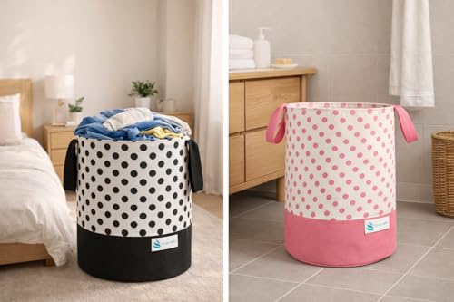 Image of 45L Foldable Laundry Bag with Handles | Durable Fabric Clothes Storage Basket for Home, Bathroom & Kids Room | Polka Dot Design (BLACK &0 PINK Combo)