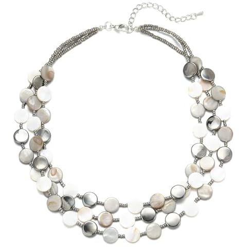 Noessla Layered Beaded Chunky Necklace for Women Boho Two-color Shell Statement Necklace Fashion Collar Costume Jewelry Gifts for Mum(White) Cover