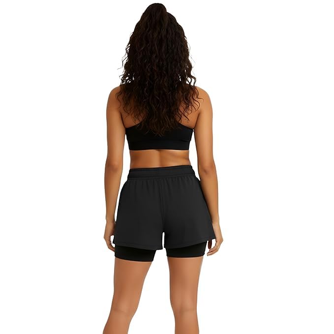 Image of Women's 2-in-1 Athletic Shorts with Inner Tights Layer, Drawstring Waist, for Running, Gym & Sports, Plus Size S to 6XL