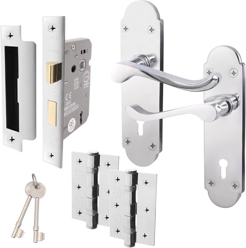 Richmond Lever Lock Pack Polished Chrome Complete Door Hardware Set with 65mm Sashlock 75mm Ball Bearing Hinges for Internal Wooden Doors