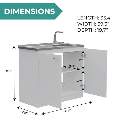 Image of Tuhome Napoles Utility Sink Base Cabinet with Integrated Stainless Steel Countertop, Freestanding Cabinet with Double Doors, Interior Shelf for Laundry Room, Utility Room, Mudroom or Kitchen