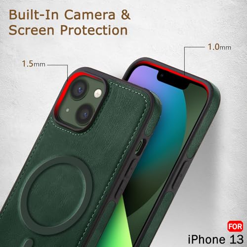 Image of TheGiftKart Genuine Leather Finish Back Cover Case for iPhone 13 | Shockproof Design | Raised Edges for Camera & Screen Protection | Stunning Minimalist Design Case Cover (MagSafe Compatible, Green)