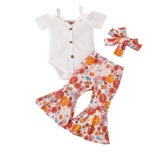 Image of Fernvia Infant Baby Girl Clothes Suspenders Short Sleeve Ribbed Romper Flared Pants Set Headband 3pcs Summer Outfit A1-white Flower 12-18 Months