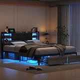 BRILVERDE Letto Matrimoniale 160 x 200 cm con 2 Cassetti, Letto imbottito con illuminazione a LED e ricarica USB, Moderno Struttura Letto in Metallo, PU, Nero, Senza materasso