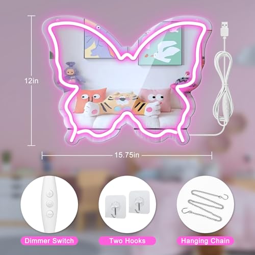 Image of Butterfly Neon Sign Mirror, LED Neon Sign for Wall Decor, 15.7'' x 12'' Dimmable Neon Light for Teen Girls & Kids Birthday Party Gift, Neon Signs for Girl Room Decor, Wall Mirror, USB Powered (Pink)