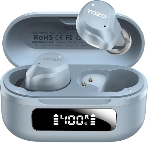 Image of TOZO NC9 Hybrid Active Noise Cancelling Wireless Earbuds, 6 Mics ENC Clear Call, IPX8 Waterproof, in Ear Bluetooth 5.3 Headphones Stereo Bass Ear Buds 60H Playtime with LED Display 32 EQs via APP