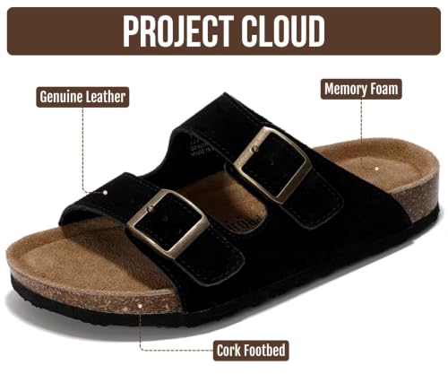 Image of Project Cloud 100% Genuine Leather Womens Sandals Slides for Women (Venita) | Cork Footbed Sandals for Women with Memory Foam and Arch Support Vacation Essentials Slides Women Footwear Flat Sandals
