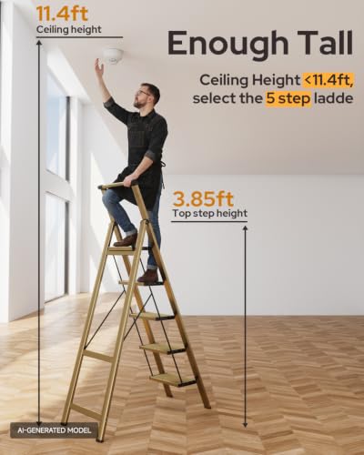 Image of 5 Step Ladder for 10 Feet High Ceiling, Lightweight Aluminum Folding Step Stool with Convenient Handgrip, Stepladders with Anti-Slip and Wide Pedal for Home Use Space Saving - Gold