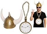 Nicky Bigs Novelties Deluxe Viking Helmet & Giant Clock Necklace Costume Set – Gold Horned Viking Hat + Oversized Chain Clock Accessory – 90s Rapper Party & Halloween Costume, Adult One-Size Fit
