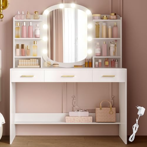 HEXCELEN 108 cm Tocador con Espejo Ovalado, Mesa de Maquillaje con 10 Luces LED, Tocador de Maquillaje, Brillo Ajustable, 3 Cajones con 6 Compartimentos Abiertos, Blanco