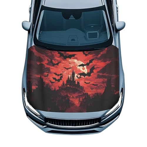 Image of Bat Print Car Hood Cover All Weather Protection Auto Exterior Accessories Halloween Decor Universal Fit Hood Covers for Cars, Trucks, SUV, or Van Full Coverage