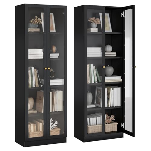 IRONMIX Black Bookshelf with Doors and Adjustable Shelves, 5-Tier Tall Bookcase, 70.87' Modern...