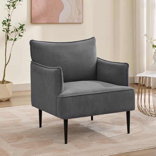 GarveeHome Mid Century Accent Chair, Comfy Living Room Chair Armchair Grey Fabric Sofa Chair for Bedroom, Modern Accent Chair with Arms and Metal Legs