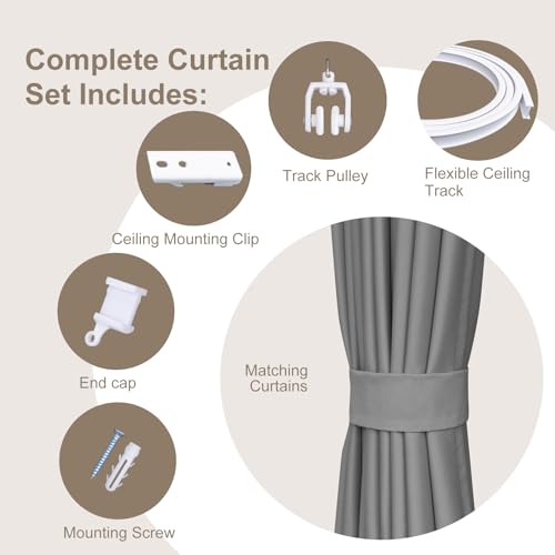 Image of Room Divider Curtains & Flexible Bendable Tracks Set,Privacy Dividers Ceiling Track Curtain Window Blackout Curtains for Living Room Bedroom (W150 x H108 in 1 Panel Grey Drape & White Rail)