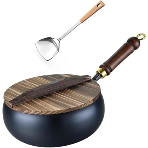 INECAR手作り太鼓腹ミルクポット コーティングなし 深型 フライパン 家庭用中華鍋 人造鉄鍋 鍛造手作り中華鍋 20cm 24cm 26cm 28cm 30cm深型 ハンマーパターン 木製カバー ヘラ付き 揚げ焼き用 ガス火IHオール熱源対応 家庭キッ