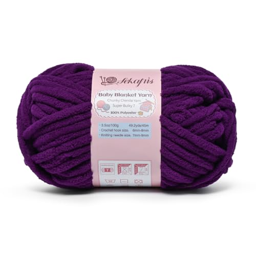 Image of 3.5 oz /49.2 yds Chunky Chenille Yarn for Crocheting, #7 Super Bulky Baby Blanket Yarn for Crocheting Soft, Fluffy Velvet Yarn for Knitting, Amigurumi Crochet Yarn for Crafts (Violet)