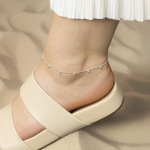 Image of Amberta Italian Sterling Silver Anklet for Women 925 | Adjustable Ankle Bracelets for Women Beaded Heart Summer Jewellery