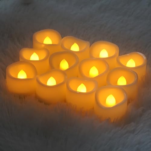 Image of iZAN 12 PCS Flameless LED Tea Lights Candles Battery Operated Fake Flickering Electric Small Votive Candles Tealights for Wedding Party Decorations Home Decor, Cream White Shell, Amber Yellow Glow