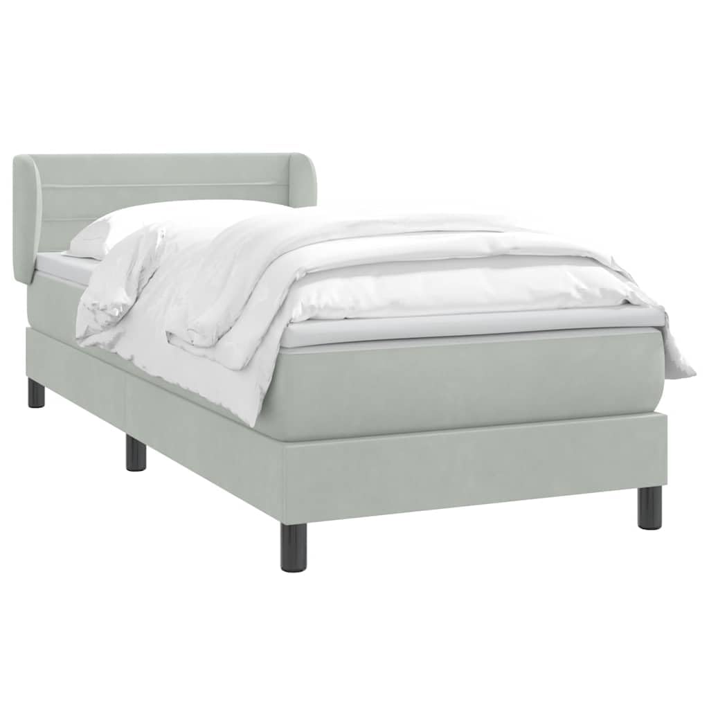 ACAGALA Letto a molle con materasso 80 x 210 cm, letto imbottito in velluto, letto singolo con testiera a strisce orizzontali, telaio del letto con rete a doghe, gamba di supporto rinforzata, grigio