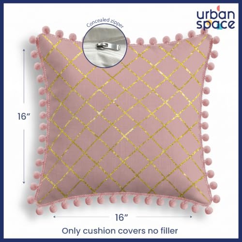Image of Urban Space Cotton Cushion Cover Set of 5, 16 x 16 Inches, Decorative Throw Pillow Covers with Pom Pom, Printed Sofa Cushion Covers for Living Room, Home Decor (CC3, 40Cm x 40Cm, Set of 5)