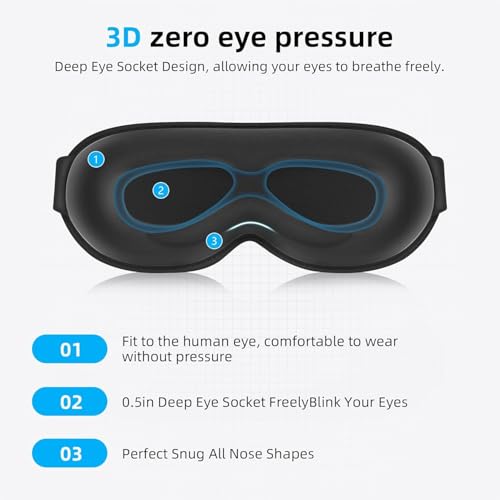 100% Blackout Sleep Mask for Women Men, Zero Eye Pressure Eye Mask, Sleeping Mask for Side Sleepers, Lycra Fabric 3D Contoured Cup Blindfold with Adjustable Strap for Home/Work, 3D Black - Image 6