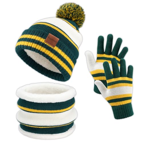 Image of Kids Winter Hat Gloves Scarf Set: Girls Boys Beanie Fleece Lined Ages 6-10