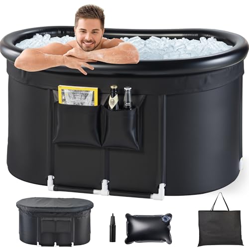 Bañera de hielo XL mejorada de 118 galones para atletas, tina fría portátil para adultos, bañera ovalada con marco de aleación de aluminio y aislamiento de 6 capas, bañera fría gruesa con cubierta y
