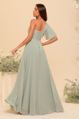 Image of Dessiny Short Sleeves Pleated Chiffon Bridesmaid Dresses with Pockets 2025 Long Dusty Blue One Shoulder Aline Ruched Formal Evening Dresses with Slit US4