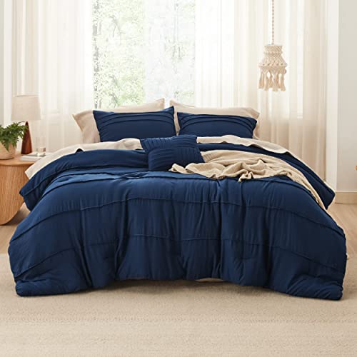 Image of Bedsure Navy Blue Twin XL Comforter Set - 3 Pieces Pinch Pleat Bed Set, Down Alternative Bedding Sets for All Season, 1 Comforter, 1 Pillowcase, 1 Decorative Pillow